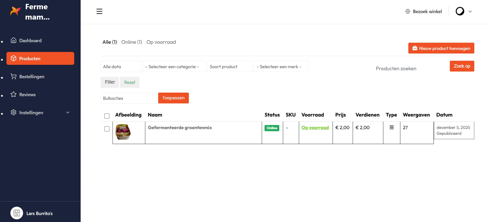 Ferme Mama's vendor dashboard