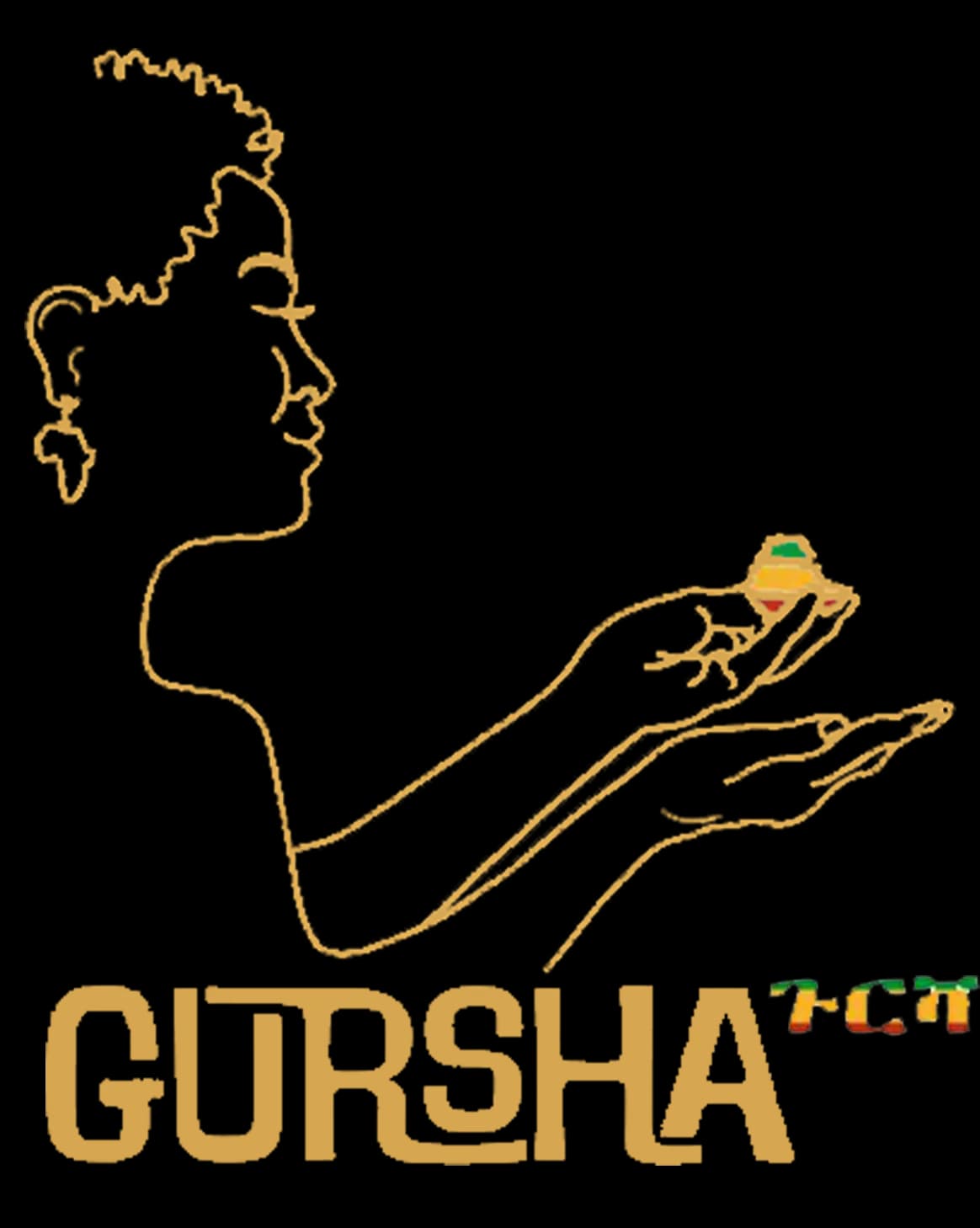 Gursha line-art logo on a gold wall sign