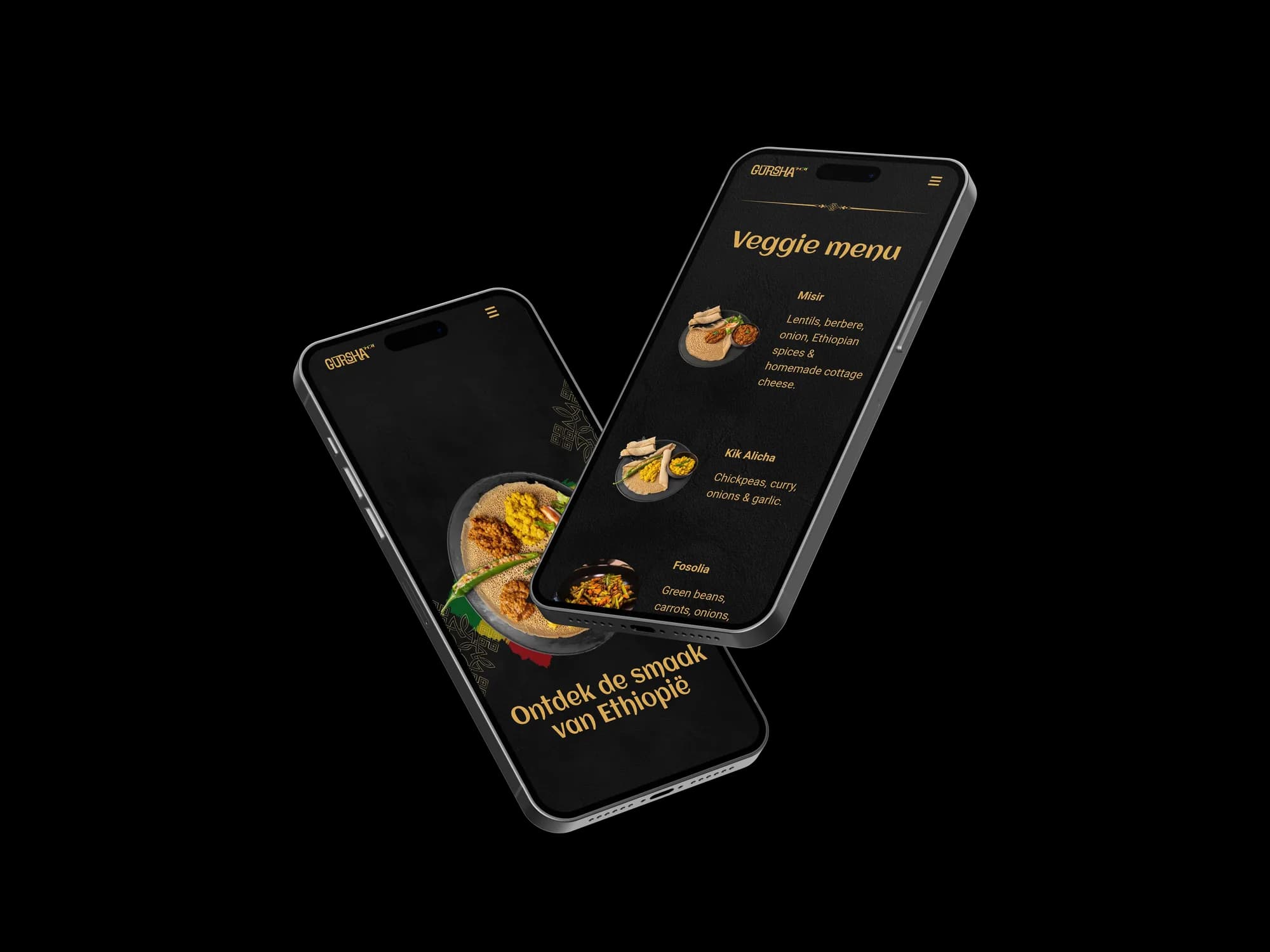 Gursha veggie menu on two phones