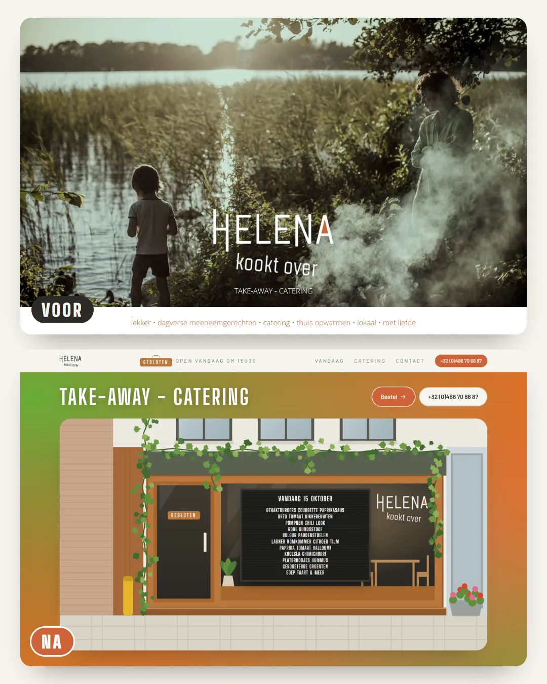 De oude en de nieuwe homepage van Helena kookt over, voor en na